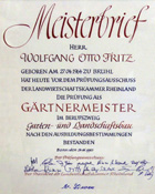Meisterbrief von Wolfgang Fritz; bitte anklicken für eine Großansicht